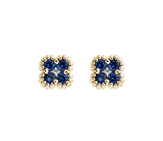 Blue Sapphire and Diamond Flower Stud Earrings