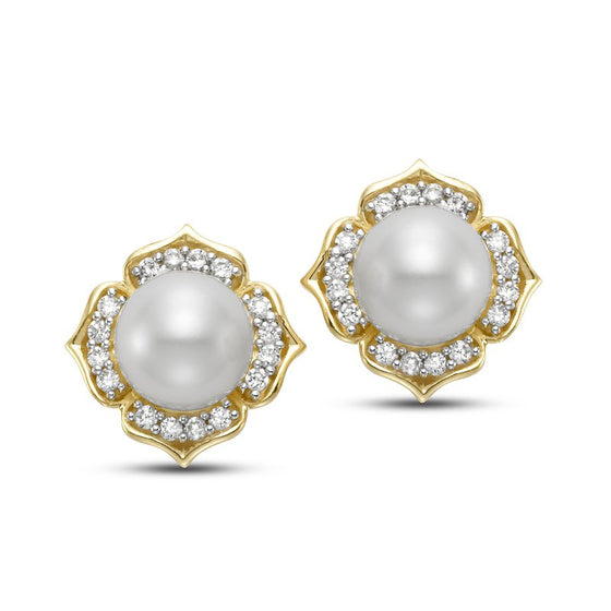 Diamond Flower and Pearl Earrings