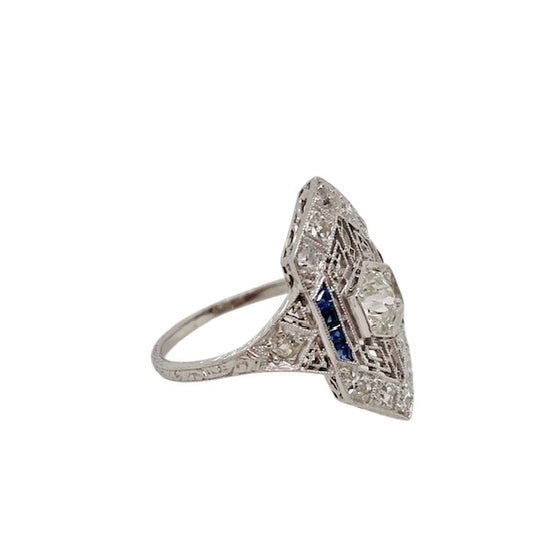 Art Deco Diamond and Blue Sapphire Ring