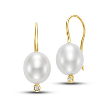  Oval 9.5-10MM Pearl Drop Earrings with Diamond