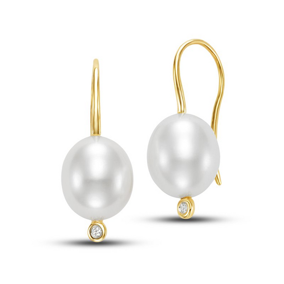 Oval 9.5-10MM Pearl Drop Earrings with Diamond