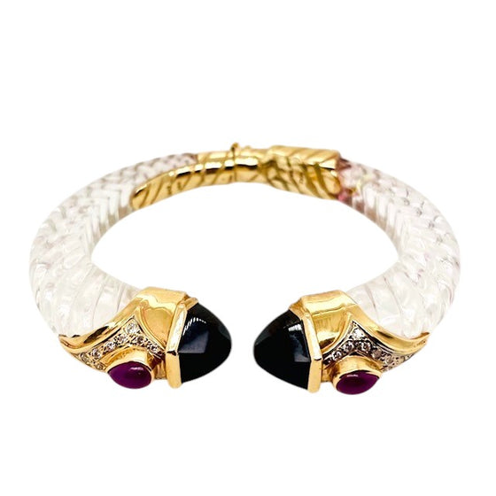 Carved Acrylic Hinged Bangle with Onyx, Ruby, and Diamond End Caps, by Mazza