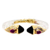 Carved Acrylic Hinged Bangle with Onyx, Ruby, and Diamond End Caps, by Mazza