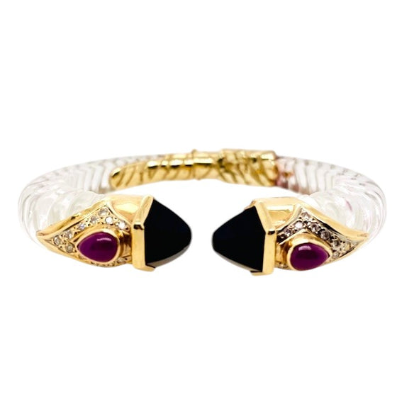 Carved Acrylic Hinged Bangle with Onyx, Ruby, and Diamond End Caps, by Mazza