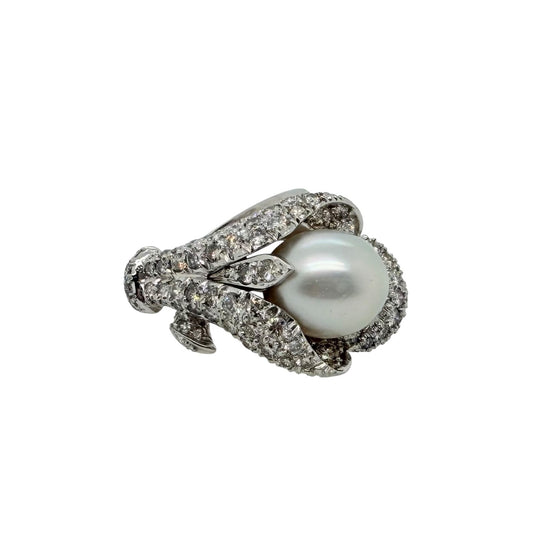 Cultured Pearl and Diamond Lily Motif Ring