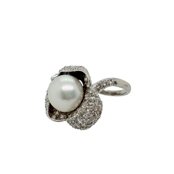 Cultured Pearl and Diamond Lily Motif Ring